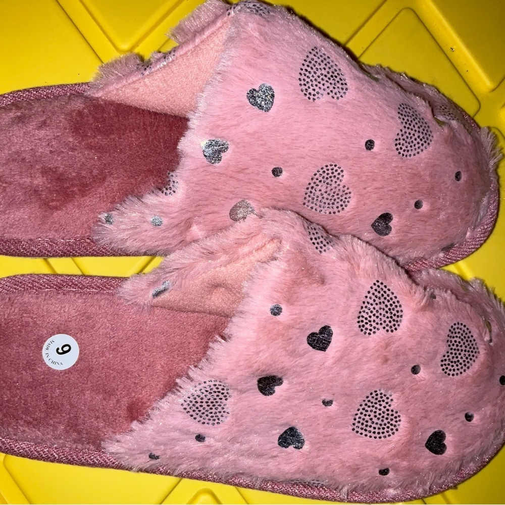 Pink Heart Fuzzy Slippers